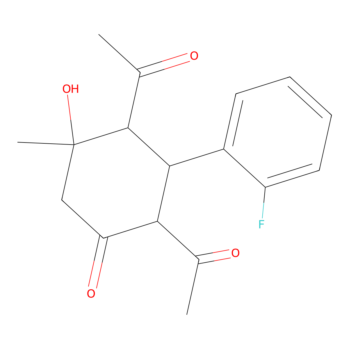 2,4-Diacetyl-3-(2-fluorophenyl)-5-hydroxy-5-methylcyclohexanone molecular structure, CAS 450411-89-9