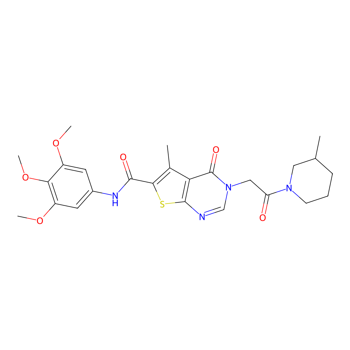 3,4-Dihydro-5-methyl-3-[2-(3-methyl-1-piperidinyl)-2-oxoethyl]-4-oxo-N-(3,4,5-trimethoxyphenyl)thieno[2,3-d]pyrimidine-6-carboxamide molecular structure, CAS 451459-09-9