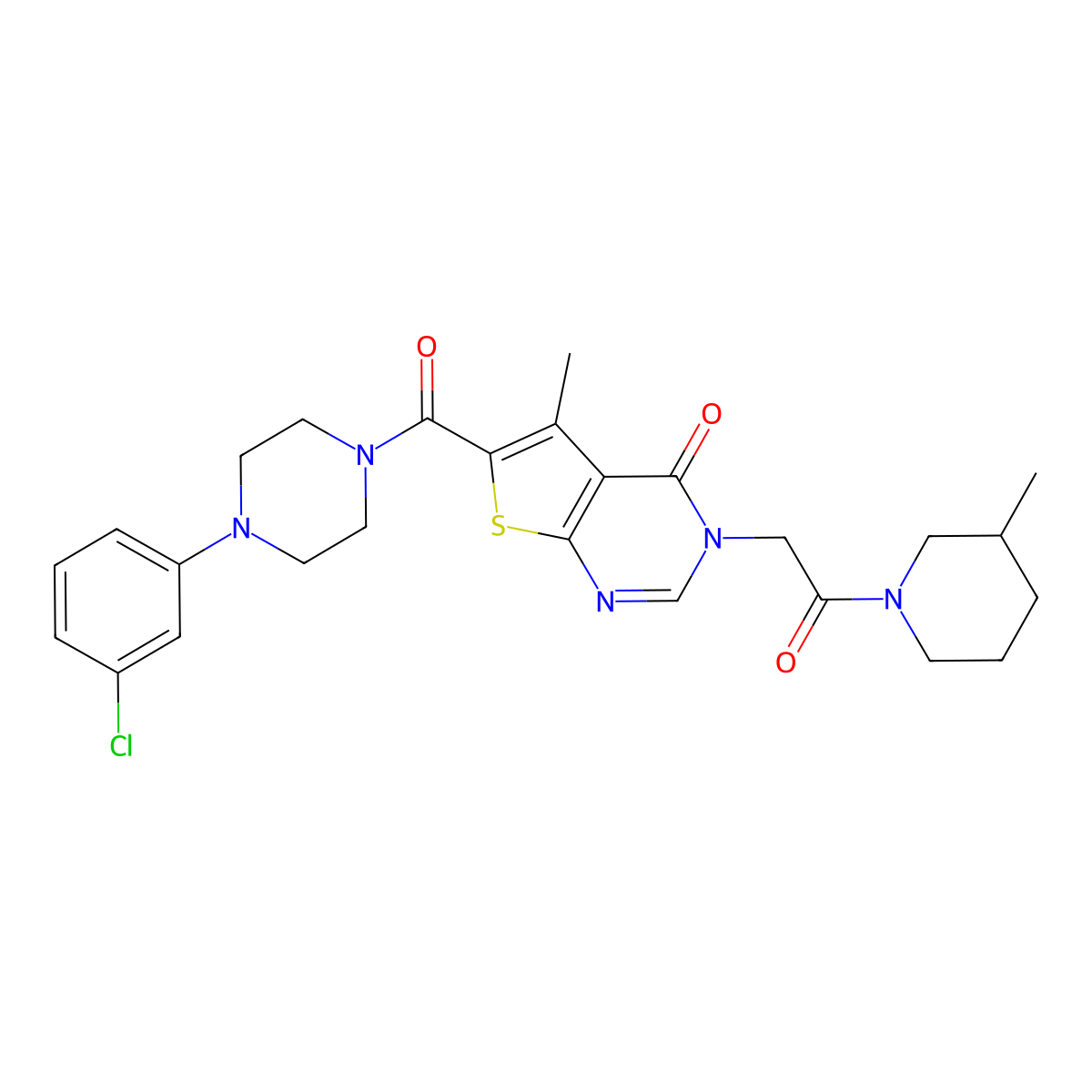 6-[4-(3-Chlorophenyl)piperazine-1-carbonyl]-5-methyl-3-[2-(3-methylpiperidin-1-YL)-2-oxoethyl]-3H,4H-thieno[2,3-D]pyrimidin-4-one molecular structure, CAS 451459-11-3