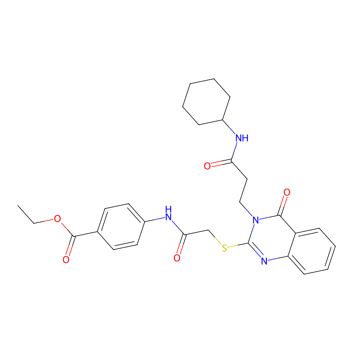 Ethyl 4-[[2-[3-[3-(cyclohexylamino)-3-oxopropyl]-4-oxoquinazolin-2-yl]sulfanylacetyl]amino]benzoate molecular structure, CAS 451463-79-9