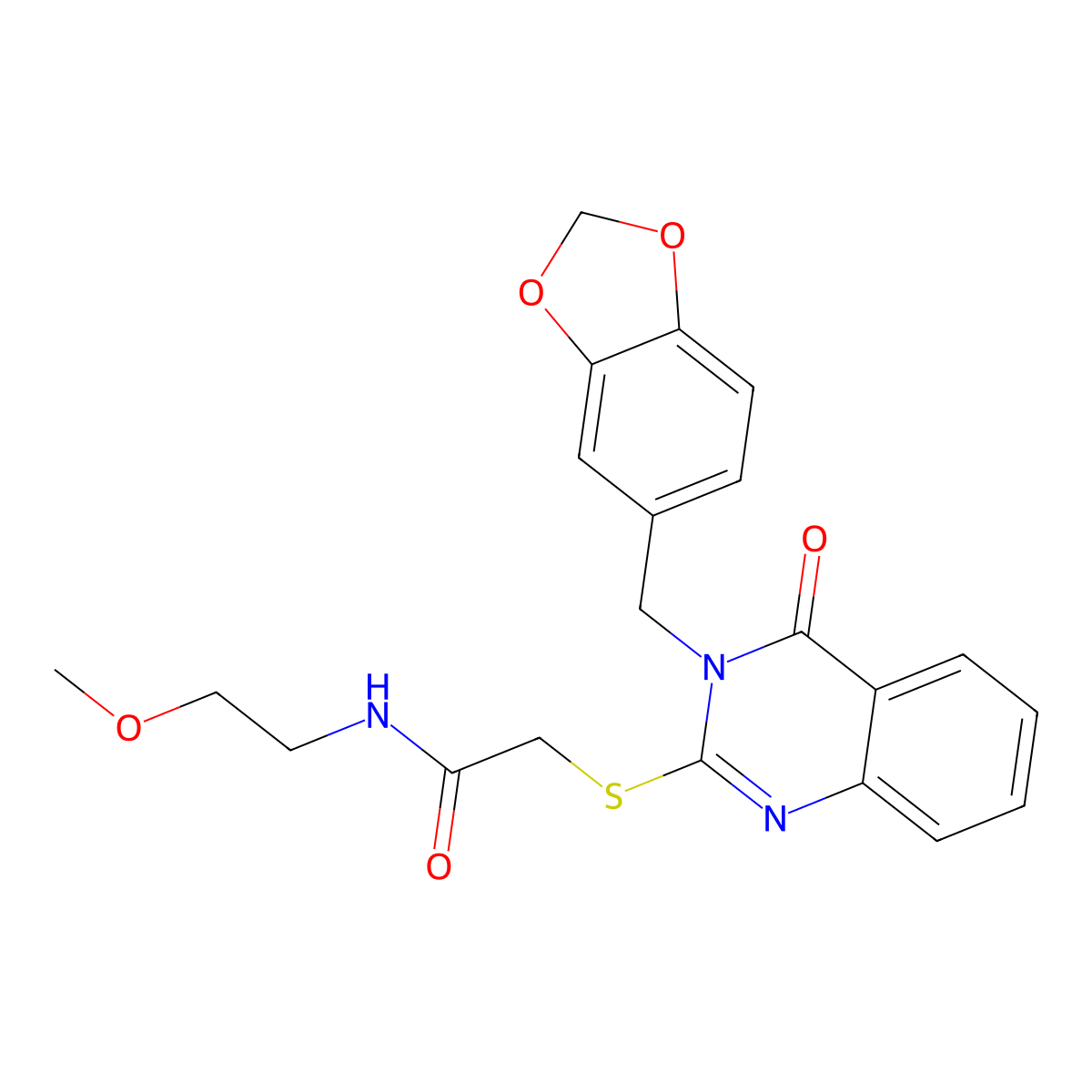 2-((3-(benzo[d][1,3]dioxol-5-ylmethyl)-4-oxo-3,4-dihydroquinazolin-2-yl)thio)-N-(2-methoxyethyl)acetamide molecular structure, CAS 451464-27-0