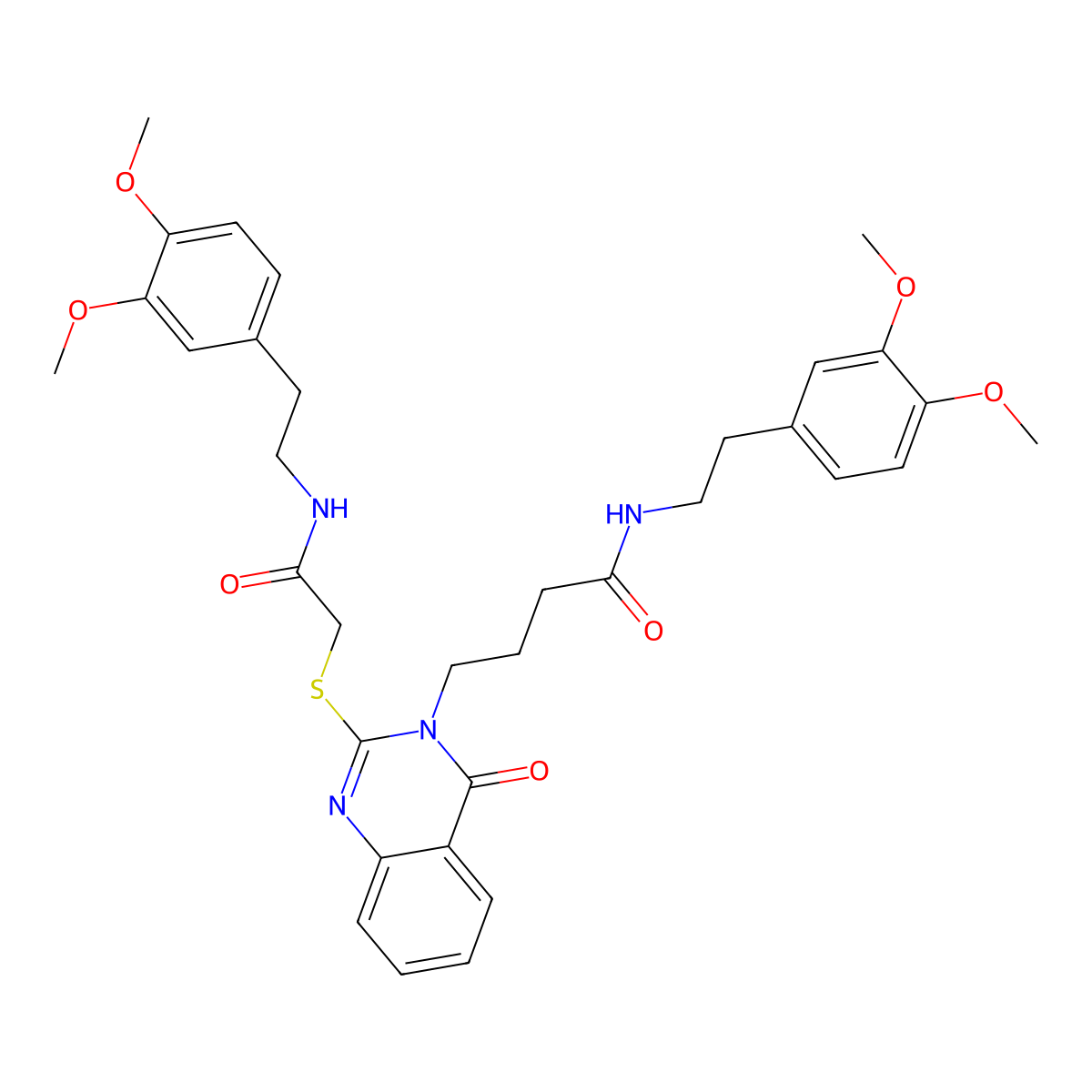 N-(3,4-dimethoxyphenethyl)-4-(2-((2-((3,4-dimethoxyphenethyl)amino)-2-oxoethyl)thio)-4-oxoquinazolin-3(4H)-yl)butanamide molecular structure, CAS 451464-71-4