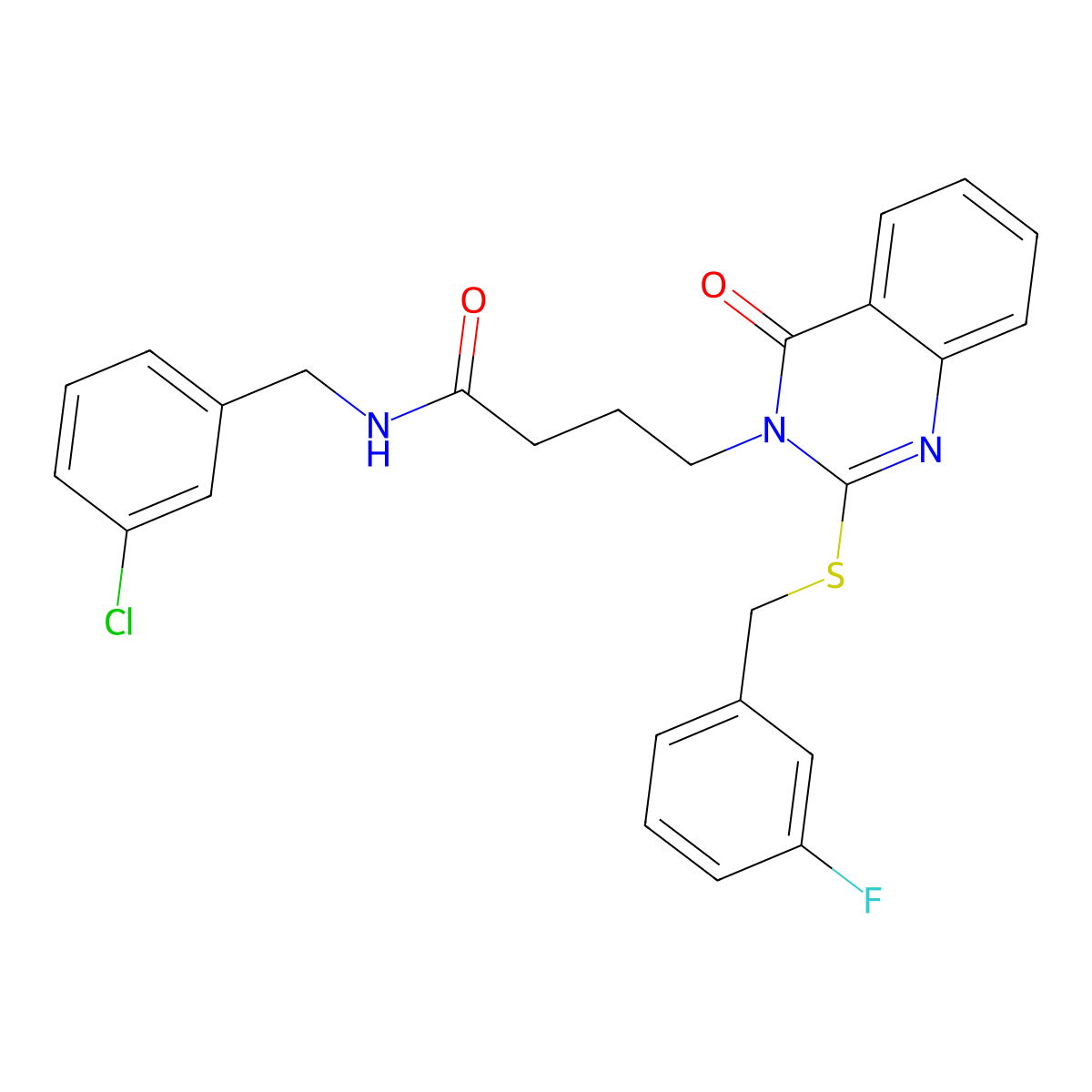 N-(3-chlorobenzyl)-4-(2-((3-fluorobenzyl)thio)-4-oxoquinazolin-3(4H)-yl)butanamide molecular structure, CAS 451464-82-7