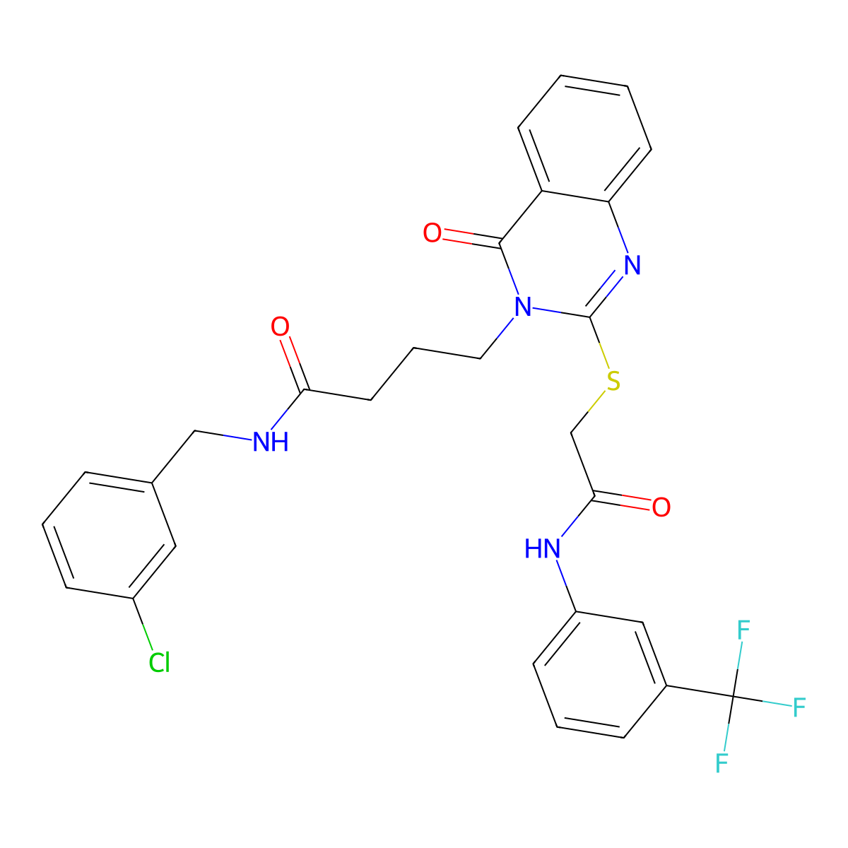 N-[(3-chlorophenyl)methyl]-4-[4-oxo-2-[2-oxo-2-[3-(trifluoromethyl)anilino]ethyl]sulfanylquinazolin-3-yl]butanamide molecular structure, CAS 451464-83-8