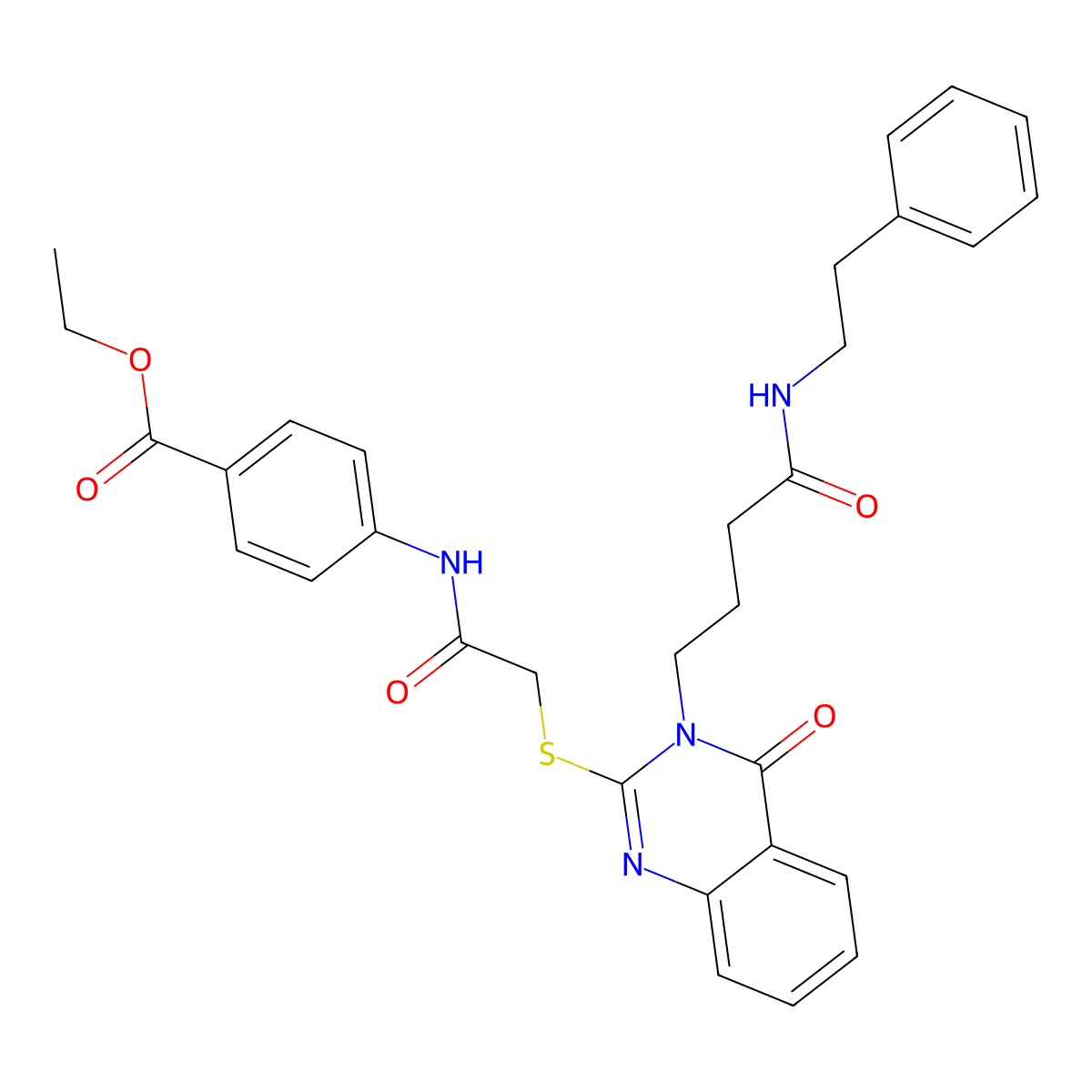 Ethyl 4-(2-((4-oxo-3-(4-oxo-4-(phenethylamino)butyl)-3,4-dihydroquinazolin-2-yl)thio)acetamido)benzoate molecular structure, CAS 451465-09-1