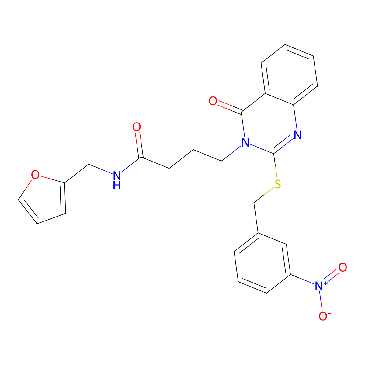 N-(furan-2-ylmethyl)-4-[2-[(3-nitrophenyl)methylsulfanyl]-4-oxoquinazolin-3-yl]butanamide molecular structure, CAS 451465-21-7