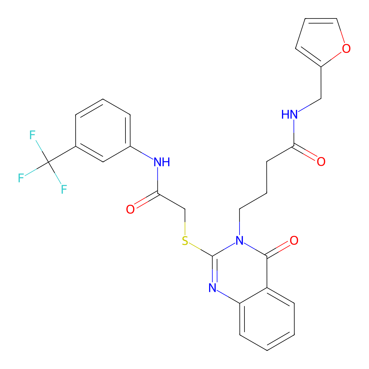 N-(furan-2-ylmethyl)-4-[4-oxo-2-[2-oxo-2-[3-(trifluoromethyl)anilino]ethyl]sulfanylquinazolin-3-yl]butanamide molecular structure, CAS 451465-24-0
