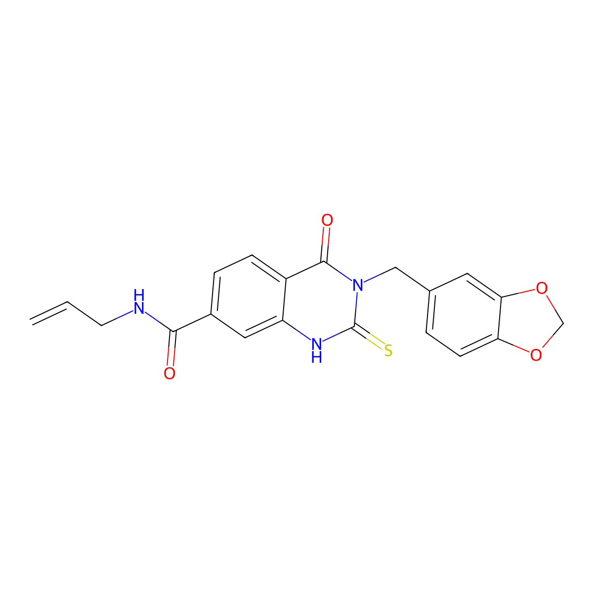 N-allyl-3-(benzo[d][1,3]dioxol-5-ylmethyl)-4-oxo-2-thioxo-1,2,3,4-tetrahydroquinazoline-7-carboxamide molecular structure, CAS 451466-14-1
