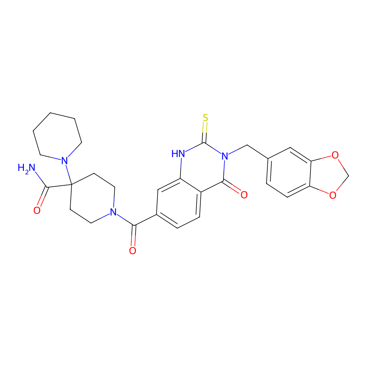1-[3-(1,3-benzodioxol-5-ylmethyl)-4-oxo-2-sulfanylidene-1H-quinazoline-7-carbonyl]-4-piperidin-1-ylpiperidine-4-carboxamide molecular structure, CAS 451467-19-9