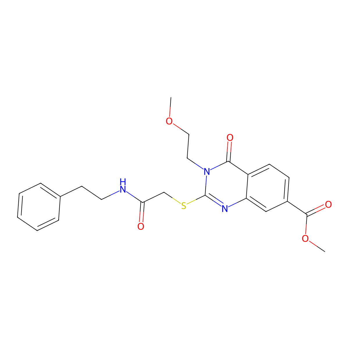 Methyl 3-(2-methoxyethyl)-4-oxo-2-((2-oxo-2-(phenethylamino)ethyl)thio)-3,4-dihydroquinazoline-7-carboxylate molecular structure, CAS 451467-29-1