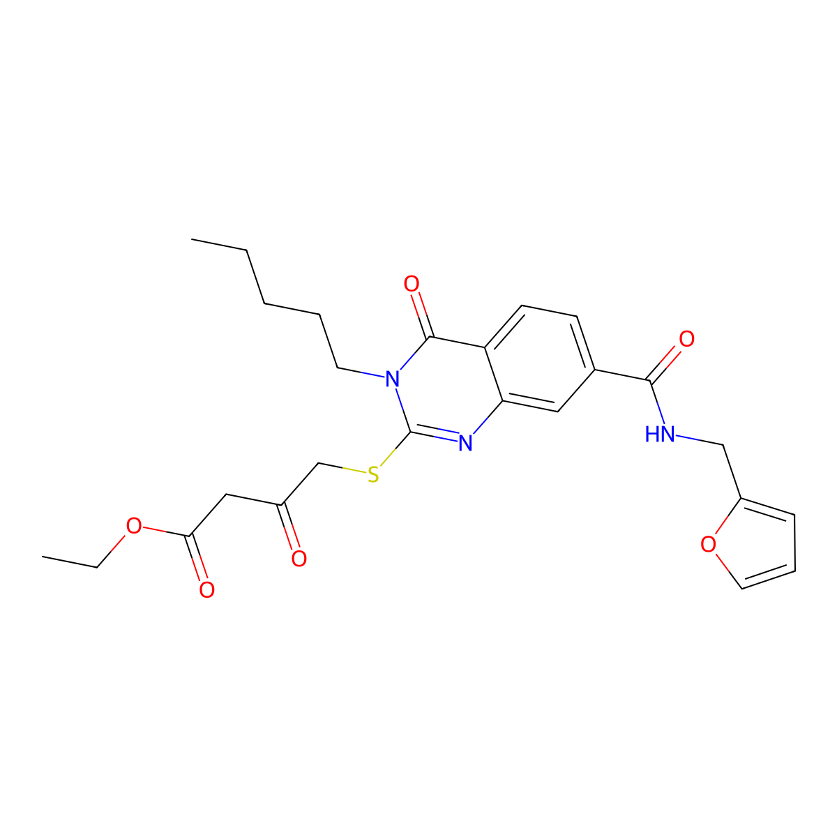 Ethyl 4-((7-((furan-2-ylmethyl)carbamoyl)-4-oxo-3-pentyl-3,4-dihydroquinazolin-2-yl)thio)-3-oxobutanoate molecular structure, CAS 451467-45-1