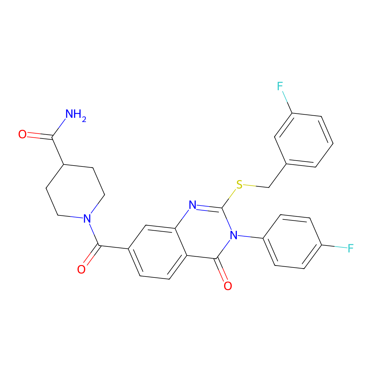 1-(2-((3-Fluorobenzyl)thio)-3-(4-fluorophenyl)-4-oxo-3,4-dihydroquinazoline-7-carbonyl)piperidine-4-carboxamide molecular structure, CAS 451467-53-1