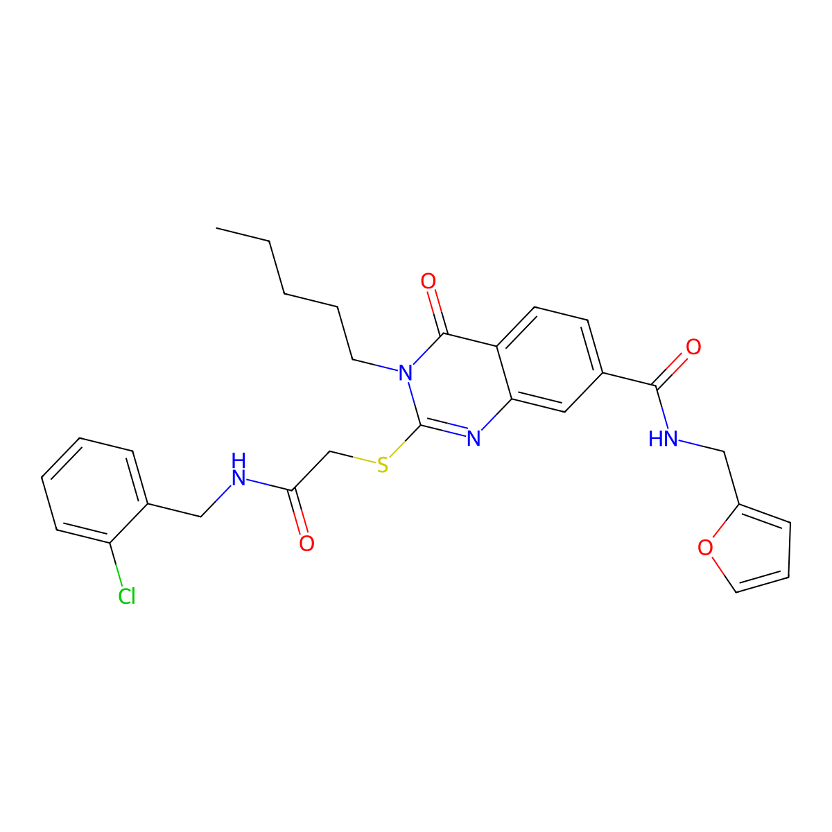 2-[2-[(2-chlorophenyl)methylamino]-2-oxoethyl]sulfanyl-N-(furan-2-ylmethyl)-4-oxo-3-pentylquinazoline-7-carboxamide molecular structure, CAS 451467-56-4