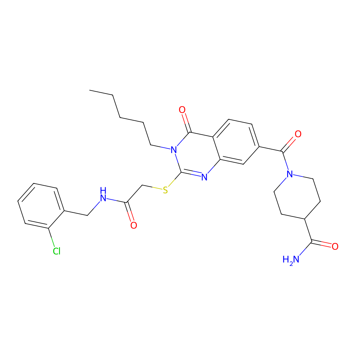 1-(2-((2-((2-Chlorobenzyl)amino)-2-oxoethyl)thio)-4-oxo-3-pentyl-3,4-dihydroquinazoline-7-carbonyl)piperidine-4-carboxamide molecular structure, CAS 451467-59-7