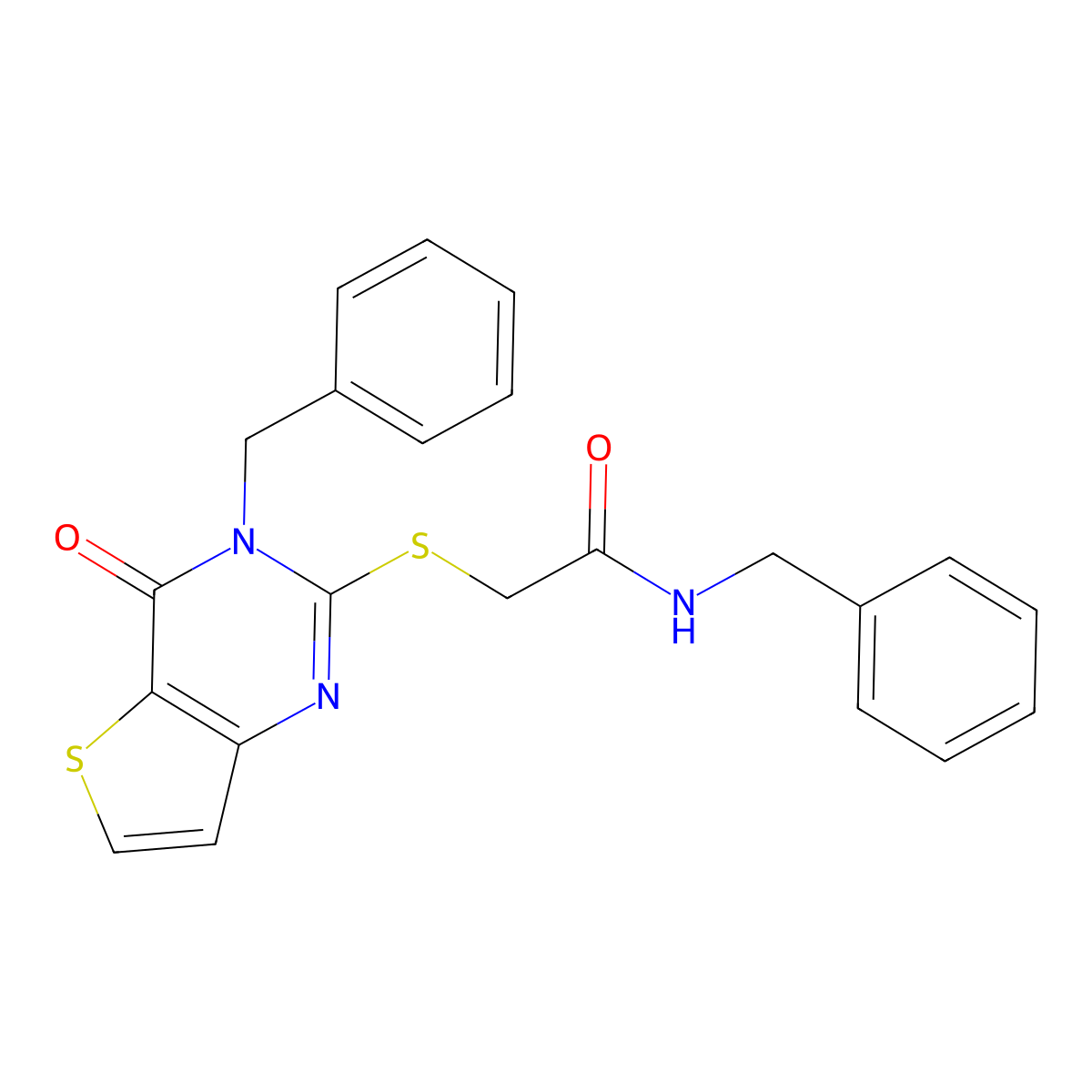 N-benzyl-2-({3-benzyl-4-oxo-3H,4H-thieno[3,2-d]pyrimidin-2-yl}sulfanyl)acetamide molecular structure, CAS 451468-28-3