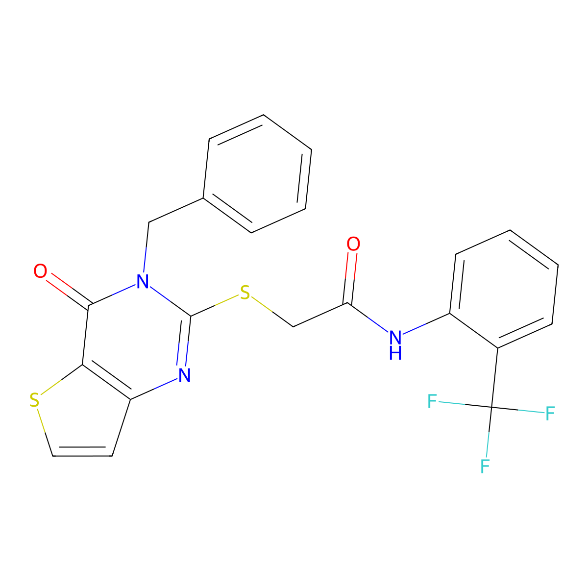 2-({3-benzyl-4-oxo-3H,4H-thieno[3,2-d]pyrimidin-2-yl}sulfanyl)-N-[2-(trifluoromethyl)phenyl]acetamide molecular structure, CAS 451468-42-1