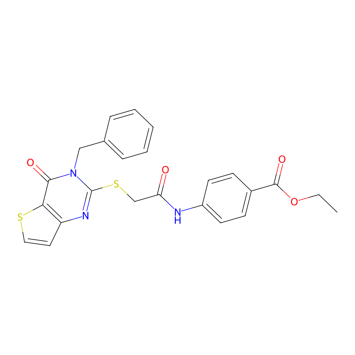 ethyl 4-[2-({3-benzyl-4-oxo-3H,4H-thieno[3,2-d]pyrimidin-2-yl}sulfanyl)acetamido]benzoate molecular structure, CAS 451468-44-3