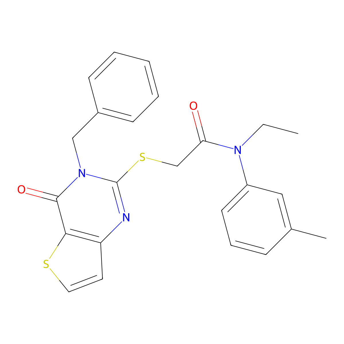 2-({3-benzyl-4-oxo-3H,4H-thieno[3,2-d]pyrimidin-2-yl}sulfanyl)-N-ethyl-N-(3-methylphenyl)acetamide molecular structure, CAS 451468-45-4