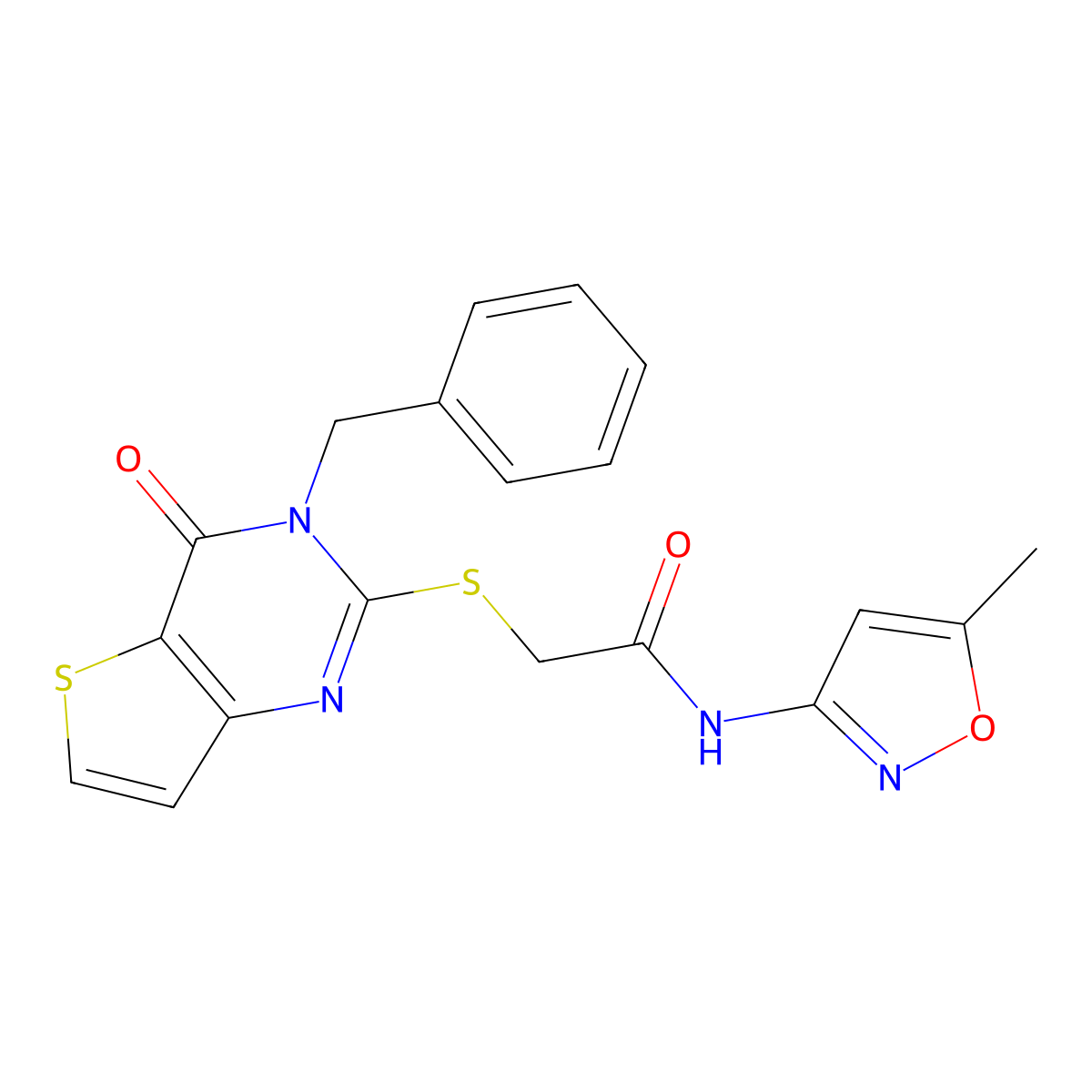 2-({3-benzyl-4-oxo-3H,4H-thieno[3,2-d]pyrimidin-2-yl}sulfanyl)-N-(5-methyl-1,2-oxazol-3-yl)acetamide molecular structure, CAS 451468-46-5