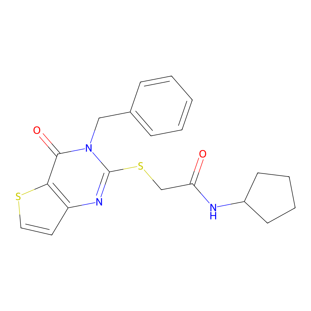 2-({3-benzyl-4-oxo-3H,4H-thieno[3,2-d]pyrimidin-2-yl}sulfanyl)-N-cyclopentylacetamide molecular structure, CAS 451468-51-2