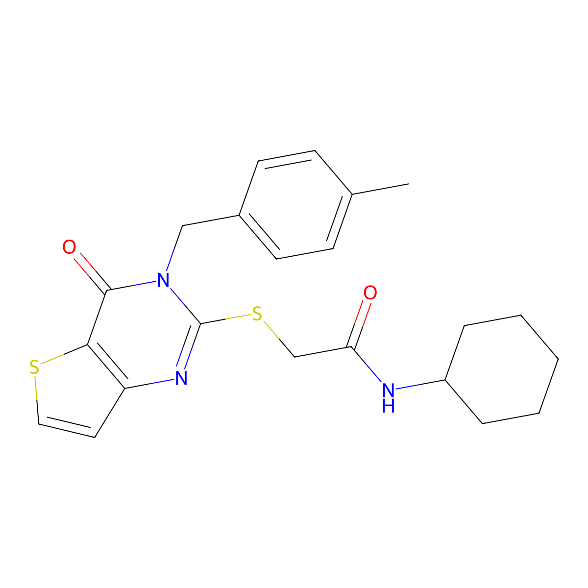 N-cyclohexyl-2-[3-[(4-methylphenyl)methyl]-4-oxothieno[3,2-d]pyrimidin-2-yl]sulfanylacetamide molecular structure, CAS 451469-09-3