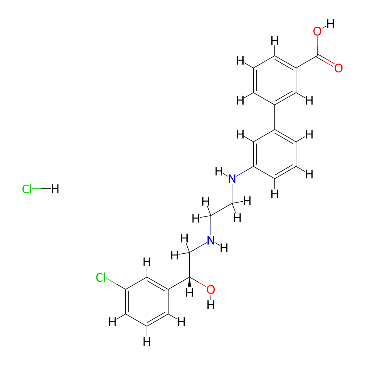 (1,1'-Biphenyl)-3-carboxylic acid, 3'-((2-(((2R)-2-(3-chlorophenyl)-2-hydroxyethyl)amino)ethyl)amino)-, hydrochloride (1:1) molecular structure, CAS 451470-34-1