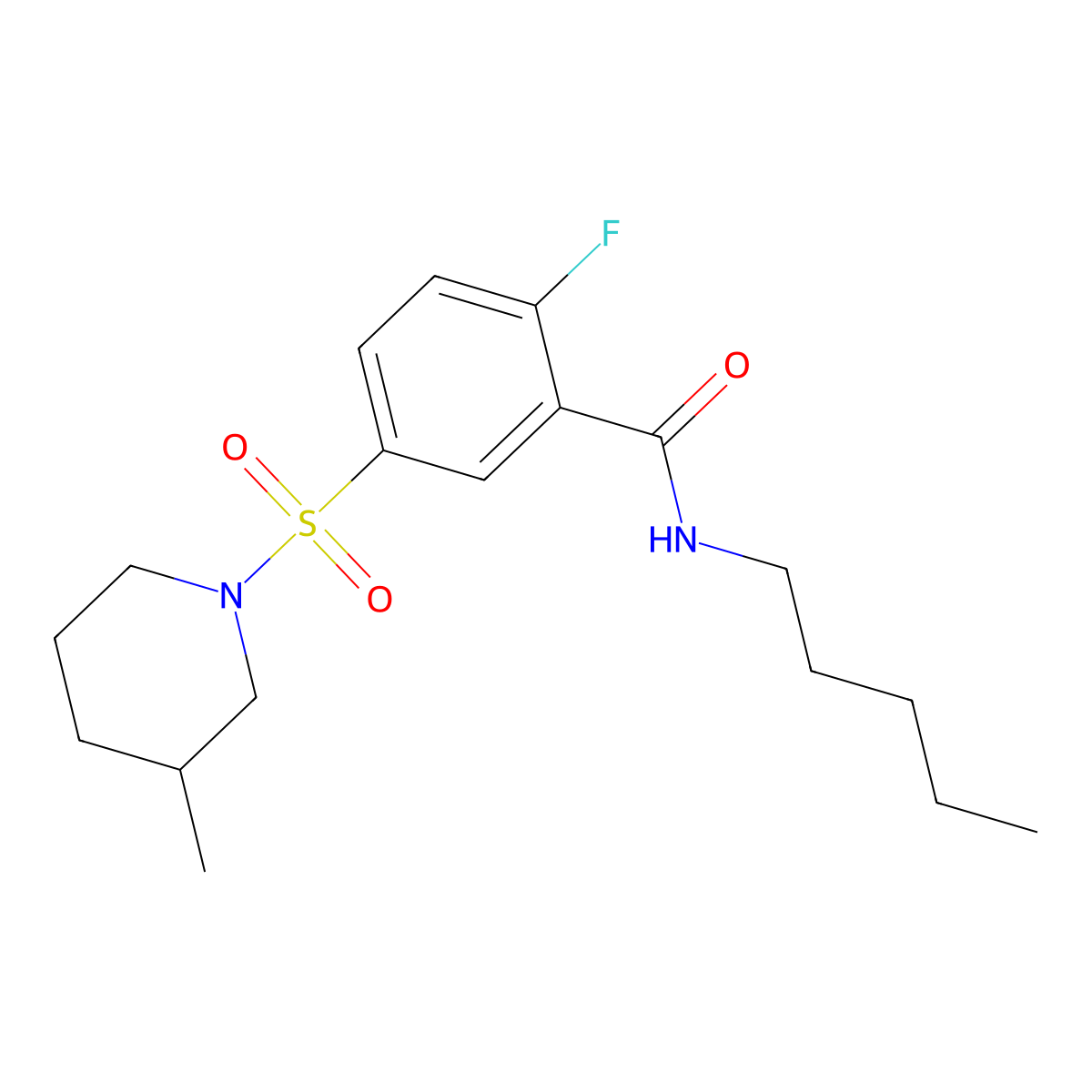 2-fluoro-5-((3-methylpiperidin-1-yl)sulfonyl)-N-pentylbenzamide molecular structure, CAS 451473-63-5