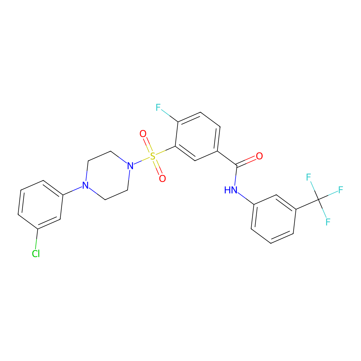 3-[4-(3-chlorophenyl)piperazin-1-yl]sulfonyl-4-fluoro-N-[3-(trifluoromethyl)phenyl]benzamide molecular structure, CAS 451474-91-2