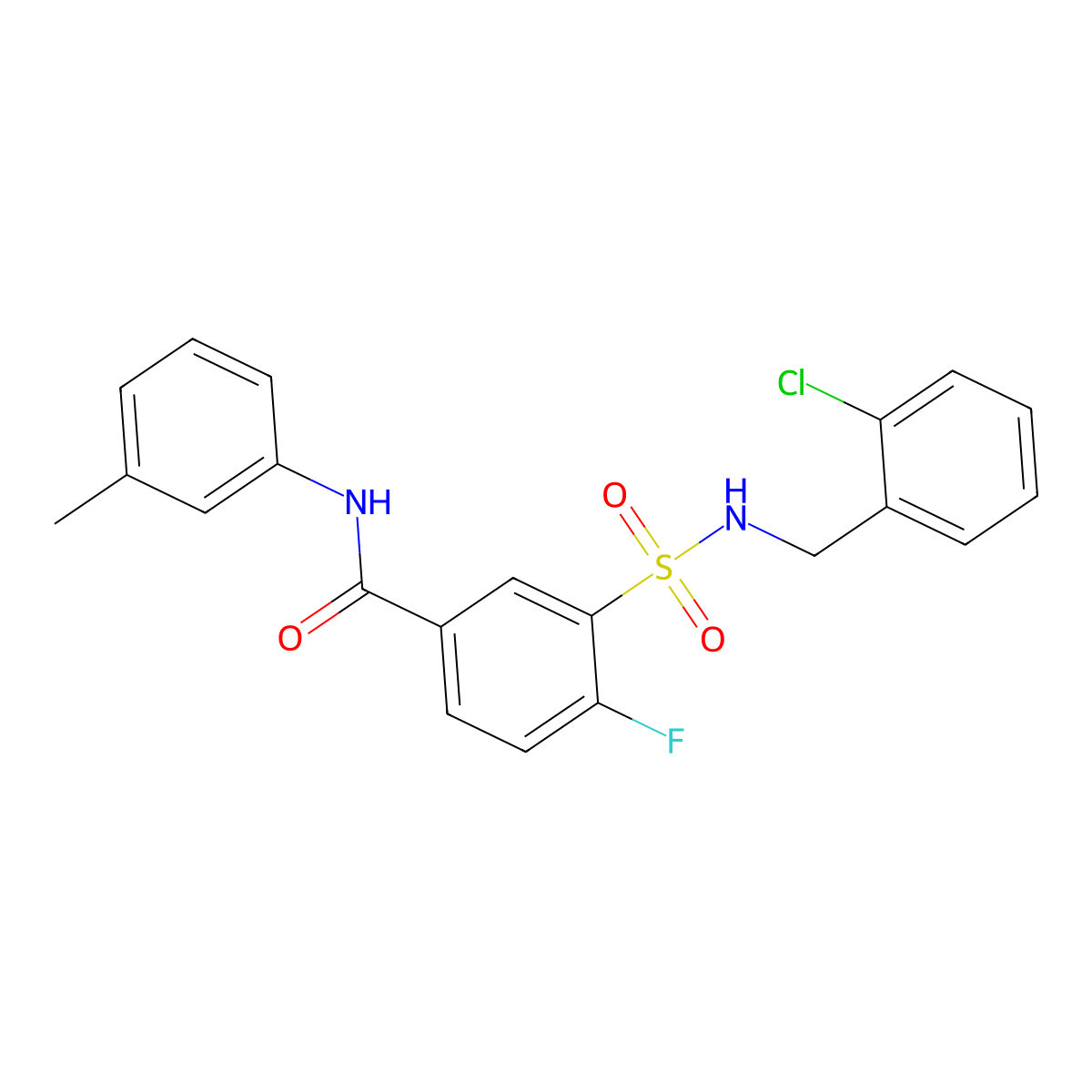 3-(N-(2-chlorobenzyl)sulfamoyl)-4-fluoro-N-(m-tolyl)benzamide molecular structure, CAS 451477-11-5