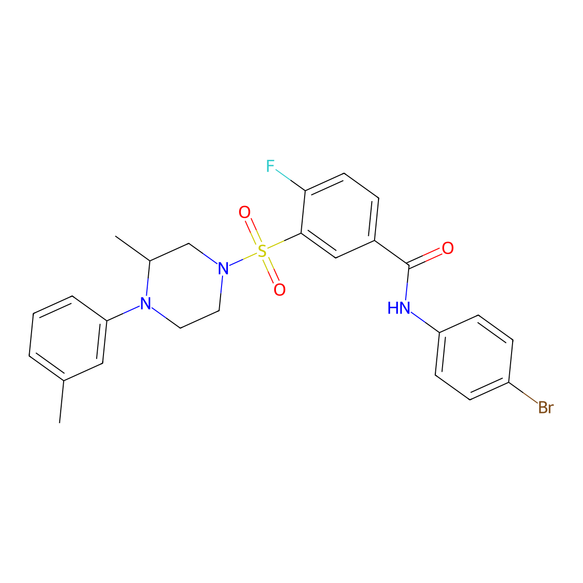 N-(4-bromophenyl)-4-fluoro-3-((3-methyl-4-(m-tolyl)piperazin-1-yl)sulfonyl)benzamide molecular structure, CAS 451477-75-1