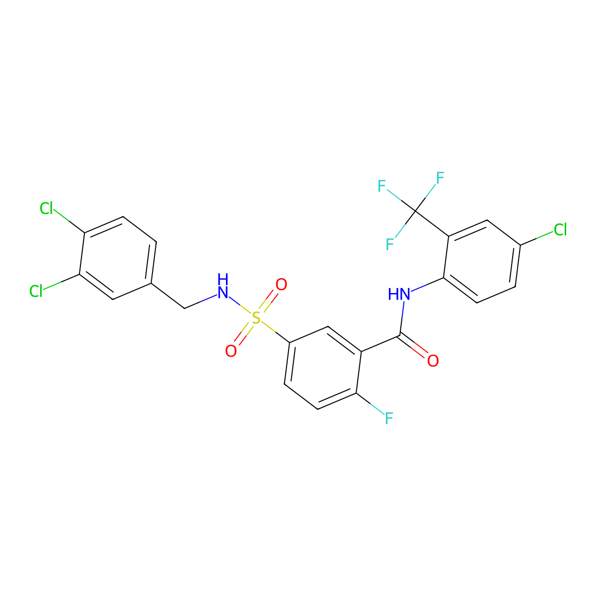 N-(4-chloro-2-(trifluoromethyl)phenyl)-5-(N-(3,4-dichlorobenzyl)sulfamoyl)-2-fluorobenzamide molecular structure, CAS 451479-59-7