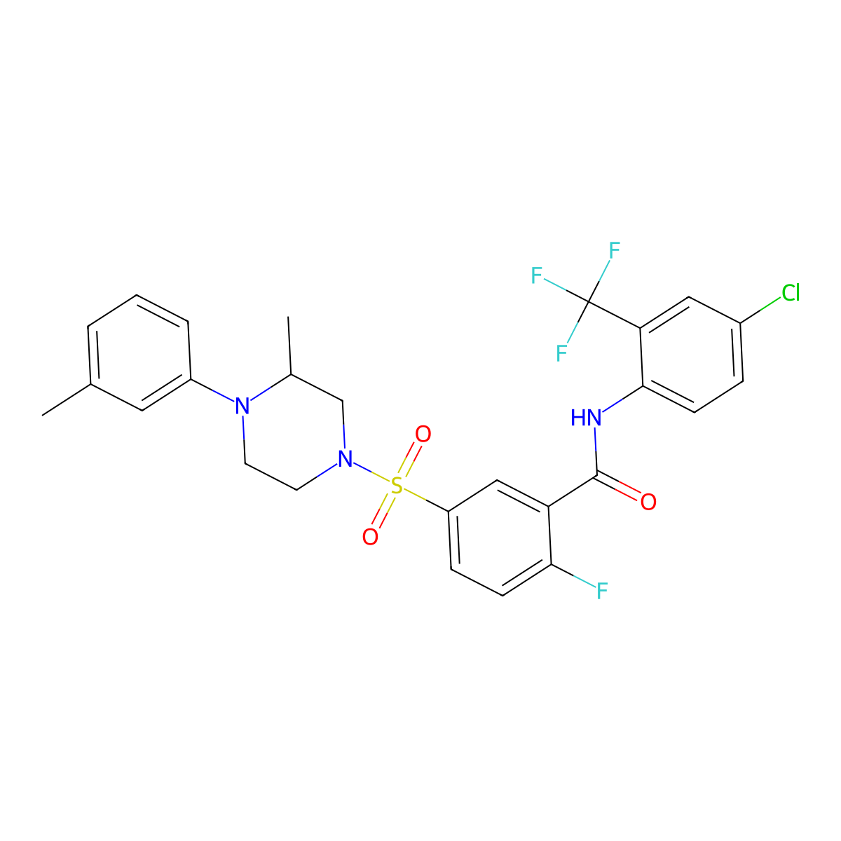 N-(4-chloro-2-(trifluoromethyl)phenyl)-2-fluoro-5-((3-methyl-4-(m-tolyl)piperazin-1-yl)sulfonyl)benzamide molecular structure, CAS 451479-66-6