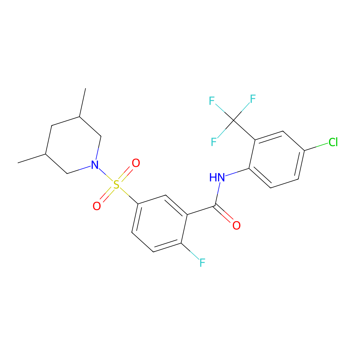 N-(4-chloro-2-(trifluoromethyl)phenyl)-5-((3,5-dimethylpiperidin-1-yl)sulfonyl)-2-fluorobenzamide molecular structure, CAS 451479-68-8