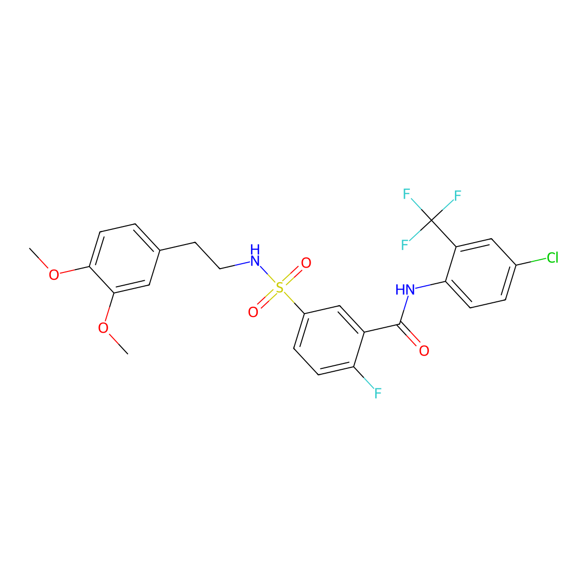 N-(4-chloro-2-(trifluoromethyl)phenyl)-5-(N-(3,4-dimethoxyphenethyl)sulfamoyl)-2-fluorobenzamide molecular structure, CAS 451479-76-8