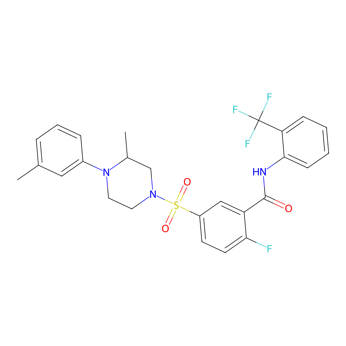 2-fluoro-5-((3-methyl-4-(m-tolyl)piperazin-1-yl)sulfonyl)-N-(2-(trifluoromethyl)phenyl)benzamide molecular structure, CAS 451480-14-1