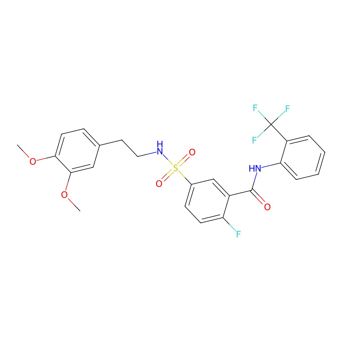 5-(N-(3,4-dimethoxyphenethyl)sulfamoyl)-2-fluoro-N-(2-(trifluoromethyl)phenyl)benzamide molecular structure, CAS 451480-16-3