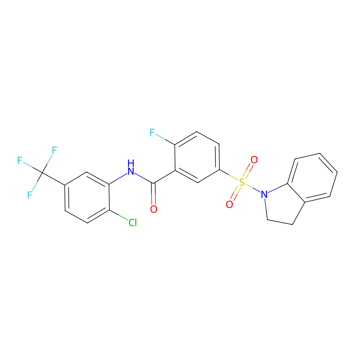 N-(2-chloro-5-(trifluoromethyl)phenyl)-2-fluoro-5-(indolin-1-ylsulfonyl)benzamide molecular structure, CAS 451480-38-9