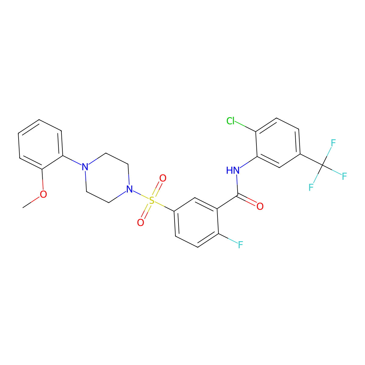 N-(2-chloro-5-(trifluoromethyl)phenyl)-2-fluoro-5-((4-(2-methoxyphenyl)piperazin-1-yl)sulfonyl)benzamide molecular structure, CAS 451480-42-5