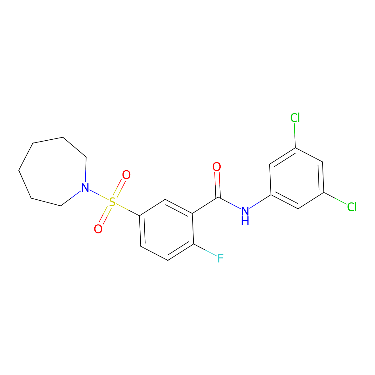 5-(azepan-1-ylsulfonyl)-N-(3,5-dichlorophenyl)-2-fluorobenzamide molecular structure, CAS 451481-09-7