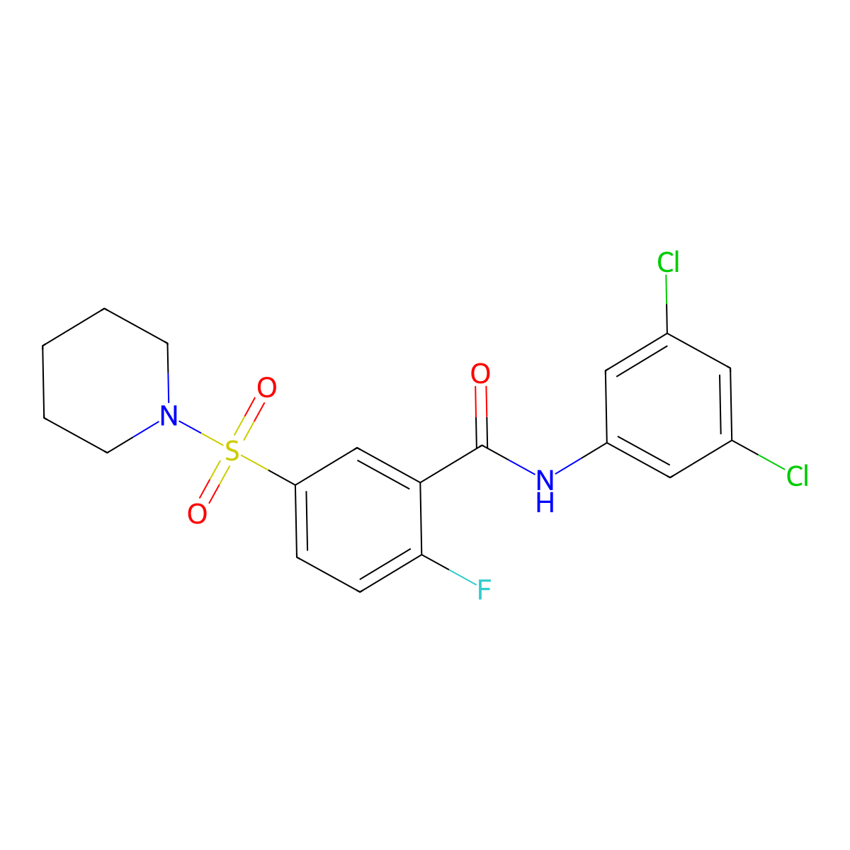 N-(3,5-dichlorophenyl)-2-fluoro-5-piperidin-1-ylsulfonylbenzamide molecular structure, CAS 451481-18-8