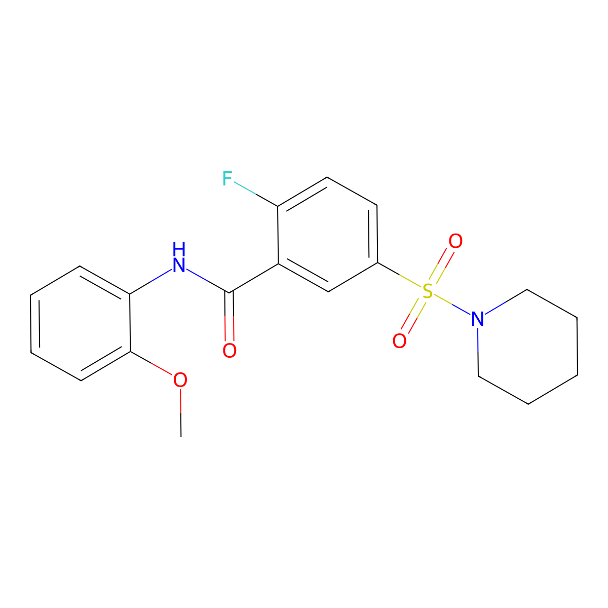2-fluoro-N-(2-methoxyphenyl)-5-(piperidin-1-ylsulfonyl)benzamide molecular structure, CAS 451482-18-1