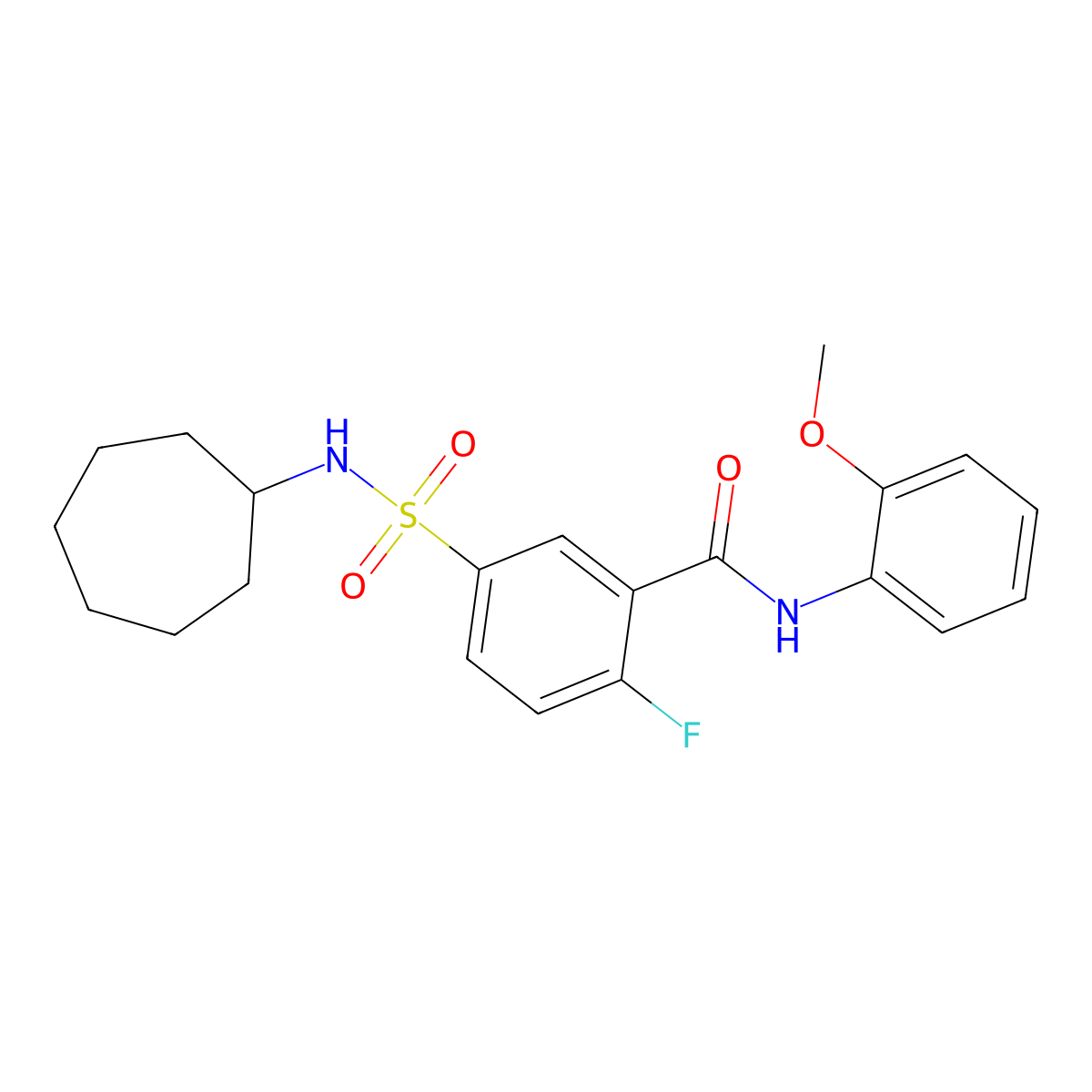 5-(cycloheptylsulfamoyl)-2-fluoro-N-(2-methoxyphenyl)benzamide molecular structure, CAS 451482-22-7