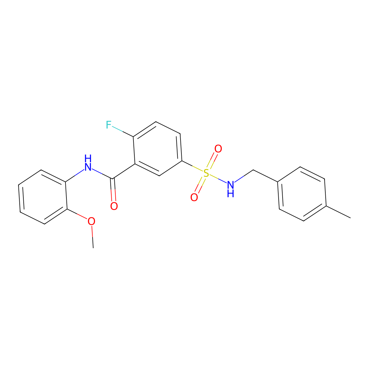 2-fluoro-N-(2-methoxyphenyl)-5-(N-(4-methylbenzyl)sulfamoyl)benzamide molecular structure, CAS 451482-27-2