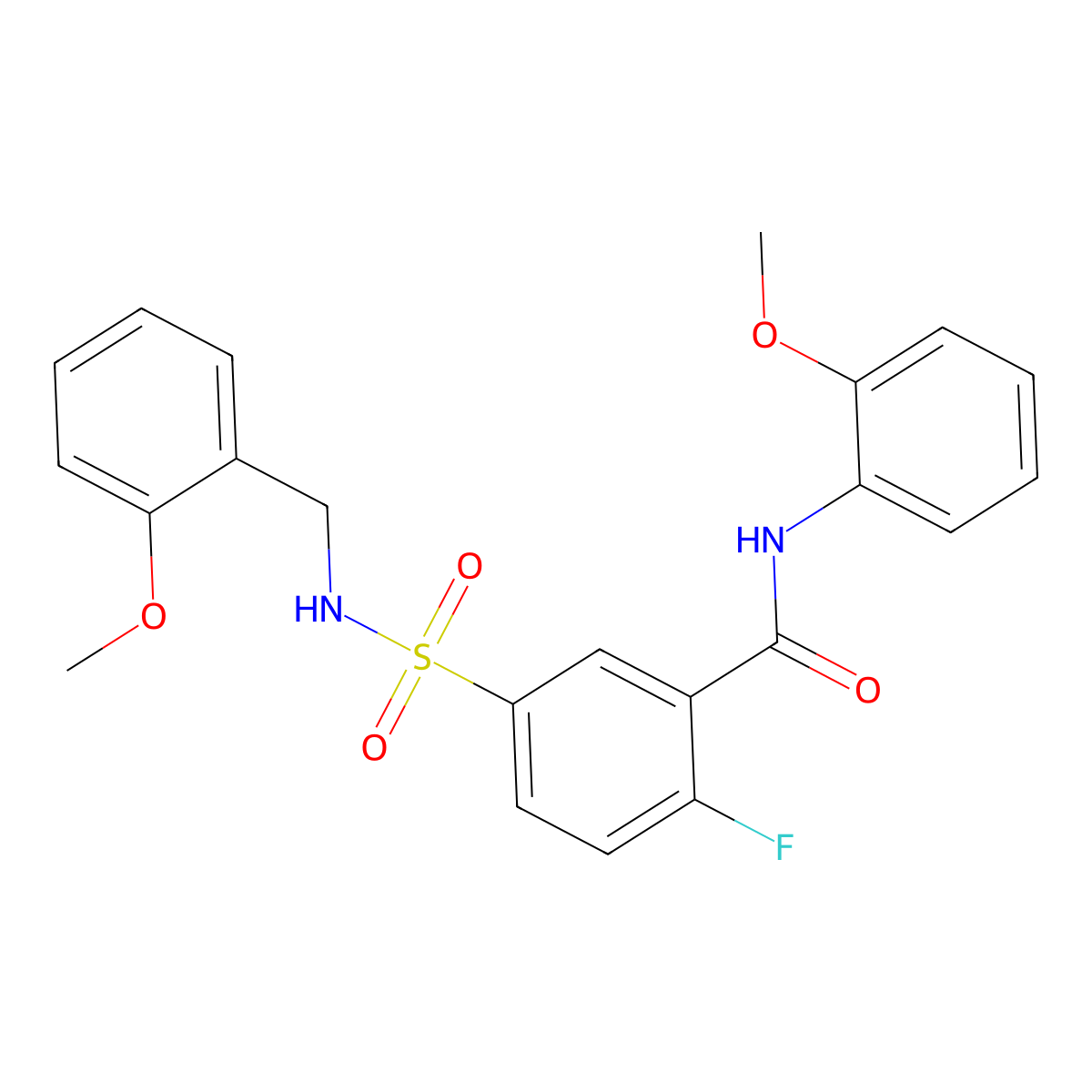 2-fluoro-5-(N-(2-methoxybenzyl)sulfamoyl)-N-(2-methoxyphenyl)benzamide molecular structure, CAS 451482-29-4
