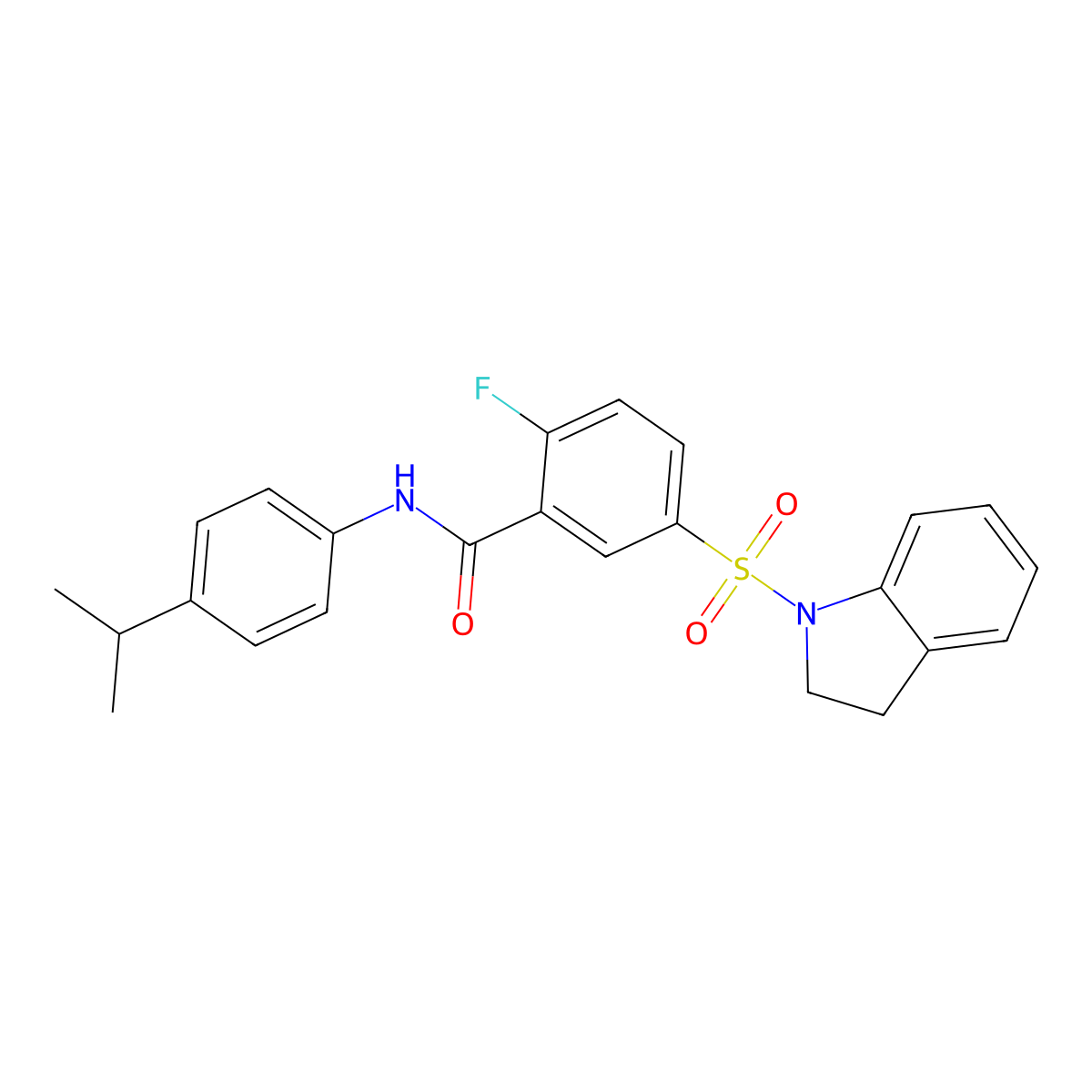 2-fluoro-5-(indolin-1-ylsulfonyl)-N-(4-isopropylphenyl)benzamide molecular structure, CAS 451482-85-2