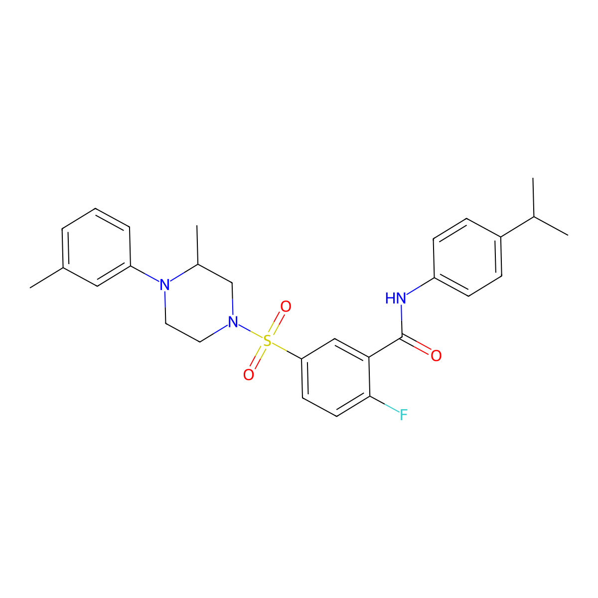 2-Fluoro-N-(4-isopropylphenyl)-5-((3-methyl-4-(m-tolyl)piperazin-1-yl)sulfonyl)benzamide molecular structure, CAS 451482-89-6