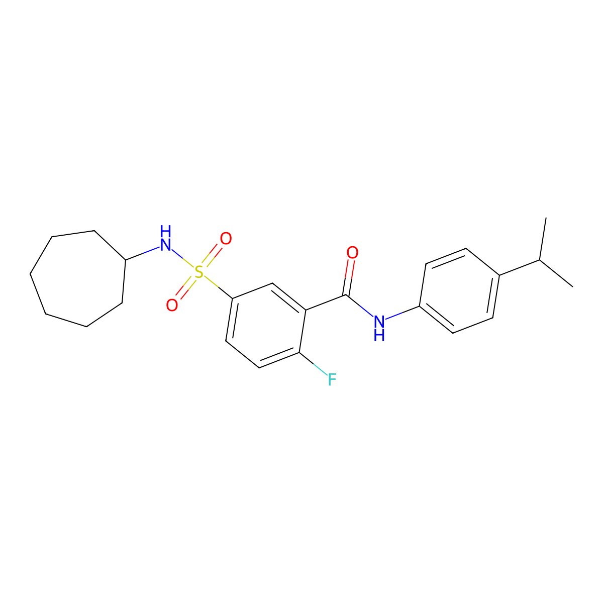 5-(cycloheptylsulfamoyl)-2-fluoro-N-(4-propan-2-ylphenyl)benzamide molecular structure, CAS 451482-95-4