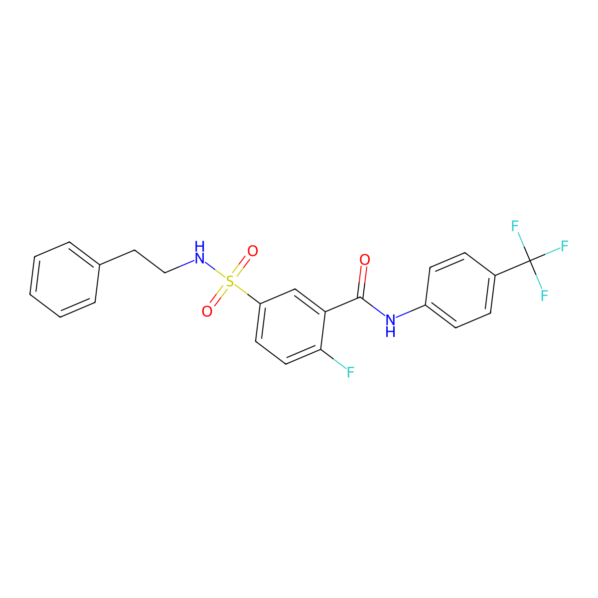 2-fluoro-5-(N-phenethylsulfamoyl)-N-(4-(trifluoromethyl)phenyl)benzamide molecular structure, CAS 451483-08-2