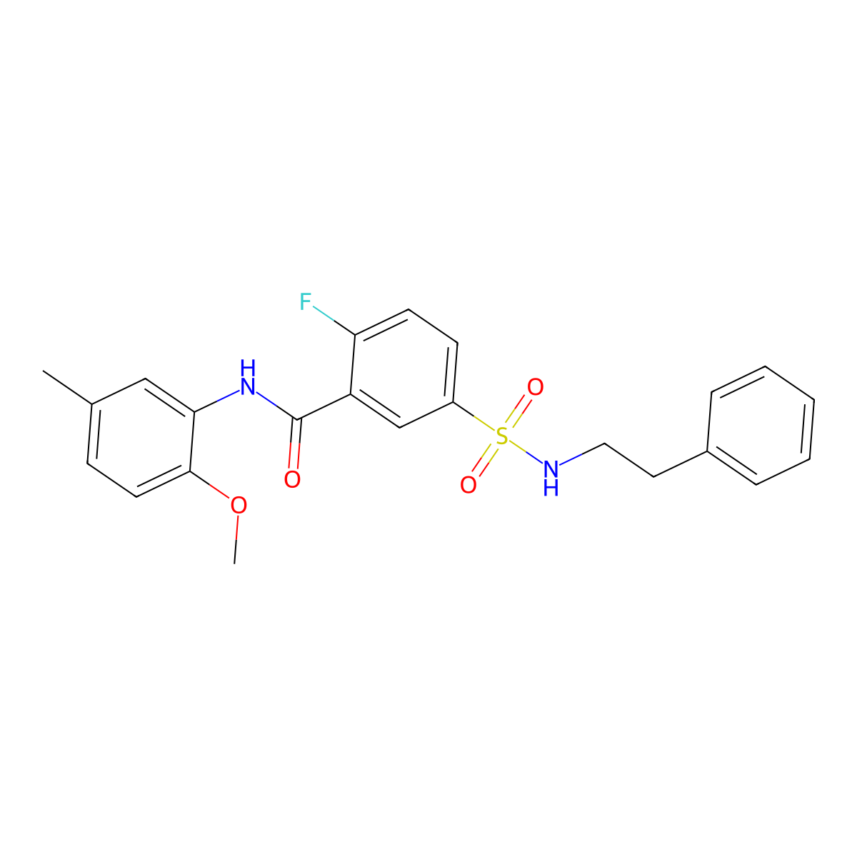 2-fluoro-N-(2-methoxy-5-methylphenyl)-5-(N-phenethylsulfamoyl)benzamide molecular structure, CAS 451483-17-3