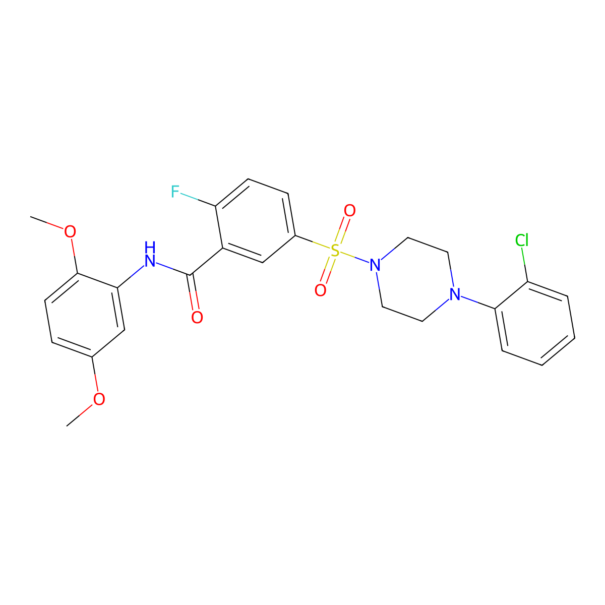 5-((4-(2-chlorophenyl)piperazin-1-yl)sulfonyl)-N-(2,5-dimethoxyphenyl)-2-fluorobenzamide molecular structure, CAS 451483-34-4